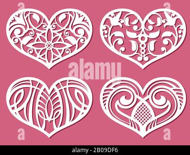 Laser printing romantic lacy wedding hearts with carved pattern vector. Set of paper pattern in shape of heart for decoration wedding illustration Stock Vector