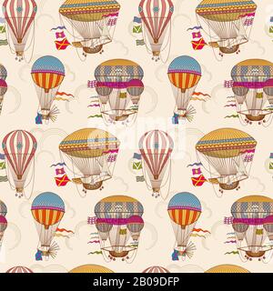 Retro air hot balloons seamless childrens vector background. Color pattern with striped air hot balloons illustration Stock Vector