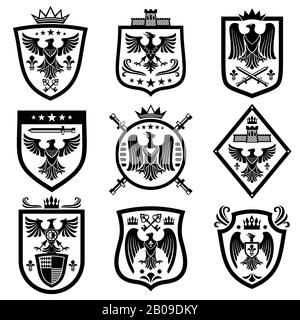 Medieval eagle heraldry coat of arms, emblems, badges. Monochrome heraldic emblem with eagle on shield illustration Stock Vector