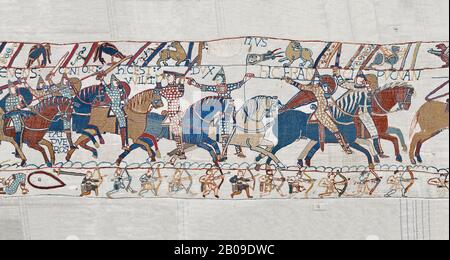 Bayeux Tapestry scene 55: Duke William raises his visor to show that a ...