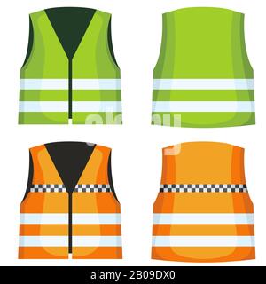 Safety road vest, waistcoat with reflective stripes vector set. Vest jacket fot work on road illustration Stock Vector