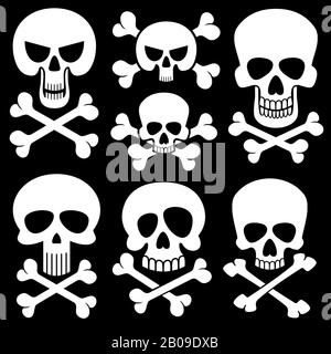 Piracy skull and crossbones vector icons. Death, scary symbols. Set of white skull and cross bones illustration Stock Vector
