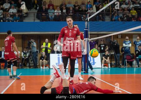 Jihostroj players Peter Ondrovic (standing) and Petr Michalek (front) in action during the Volleyball Championship League, 6th round, group A match VK Jihostroj Ceske Budejovice vs Trentino Itas, played in Ceske Budejovice, Czech Republic, on Wednesday, February 19, 2020. (CTK Photo/Vaclav Pancer) Stock Photo