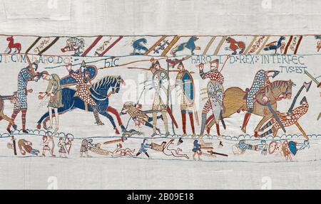 Bayeux Tapestry scene 57: King Harold is killed by an arrow in his eye Bayeux Tapestry scene 57: King Harold is killed by an arrow in his eye