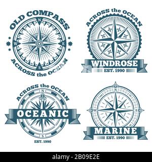 Vintage nautical labels, emblems, logo, badges with compass and ribbons. Compass navigation in ocean, emblem or logo oceanic compass illustration Stock Vector