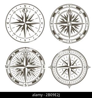 Vintage nautical compass signs vector set, retro direction symbols. Collection of vintage compass, illustration of compass silhouette with wind rose Stock Vector