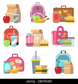 School lunch food boxes and kids bags vector flat icons. Lunch box fot lunchtime, breakfast sandwich and drink in lunchbox illustration Stock Vector