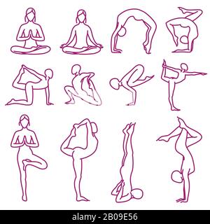 Yoga poses vector silhouettes, pilates fitness female exercises. Set of yoga poses, illustration of outline woman body in pose yoga Stock Vector