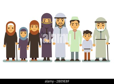 Arab happy smiling family vector characters. Islamic parents, saudi man, woman, children, teen. Islamic family parens and children, illustration of muslim big family Stock Vector