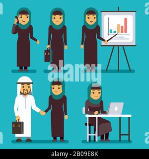 Arab businesswoman vector characters set. Saudi, iranian women at work in office. Business woman presentation diagram and chart, arabian woman illustration Stock Vector