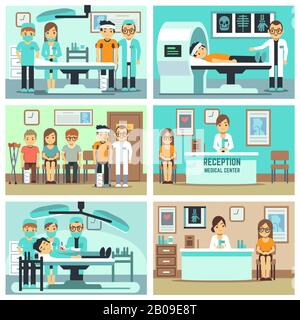 People, patients in hospital, medical staff in office, medical consultation, treatments and examination vector flat concepts. Illustration of medical operation illustration Stock Vector