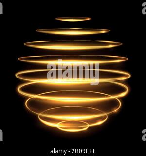 Gold circle light tracing effect, glowing magic 3d sphere vector illustration. Glowing magic bright neon, effect glowing energy element Stock Vector