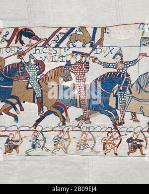 Bayeux Tapestry scene 55: Duke William raises his visor to show that a ...