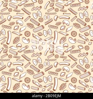Hand drawn italian cuisine pasta vector seamless pattern. Restaurant italian background with type of pasta spirale and pennoni, conchiglie and sedani illustration Stock Vector