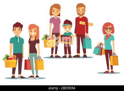 Woman and man going shopping with bags vector shopping people set. Family doing shopping illustration Stock Vector