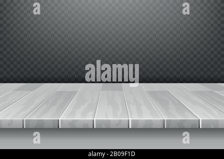 Wood white desk, table top surface in perspective isolated on plaid backdrop vector illustration. Board table surface, hardwood frame table panel Stock Vector
