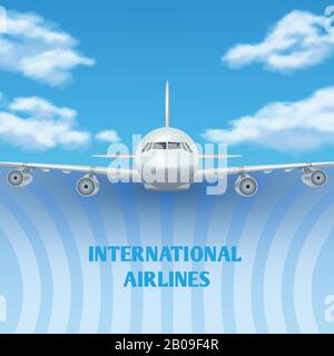 Realistic plane, aircraft, airplane in sky with white clouds vector travel background, promo poster. Banner international airline with passenger aircraft in flight illustration Stock Vector