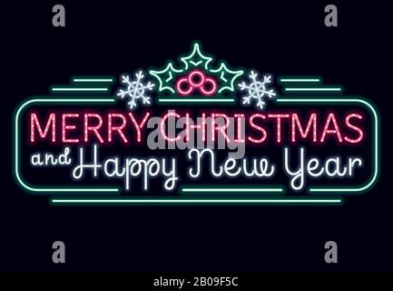 Neon merry christmas and happy new year vector sign, xmas lights shopping billboard Stock Vector