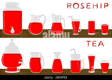 Big kit different types glassware, rosehip tea in jugs various size. Glassware consisting of organic plastic jugs for fluid rosehip tea. Jugs of roseh Stock Vector