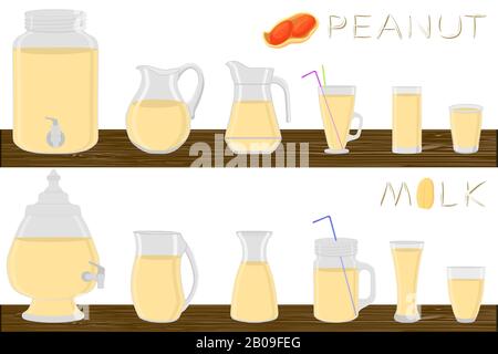 Big kit different types glassware, peanut milk in jugs various size. Glassware consisting of organic plastic jugs for fluid peanut milk. Jugs of peanu Stock Vector
