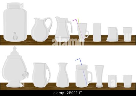 Illustration on theme big kit different types glassware, jugs various size. Glassware consisting of organic plastic jugs for fluid nutrition. Jugs sta Stock Vector