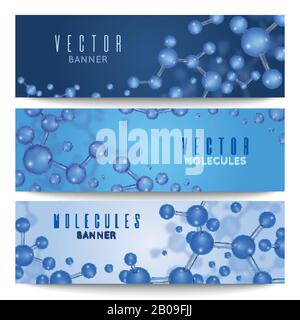 Nanotechnology, micro genetics, medical vector banners set with 3d molecule model. Poster cards molecules, illustration of atomic molecule form Stock Vector