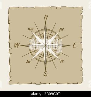 Vintage marine compass brown parchment. Wind rose on map. Vector illustration Stock Vector