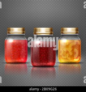 Glass container food jar with natural fruit preserves jelly jam vector. Natural fruit jam, illustration of sweet homemade jam Stock Vector