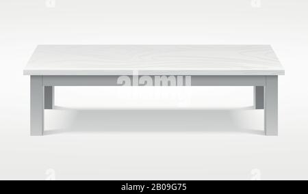 Modern white table, exhibition presentation desk vector mockup. Furniture tabletop empty, rectangular clean wooden table illustration Stock Vector