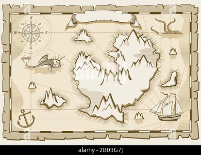Vintage parchment vector brown map. Paper parchment with ancient map illustration Stock Vector
