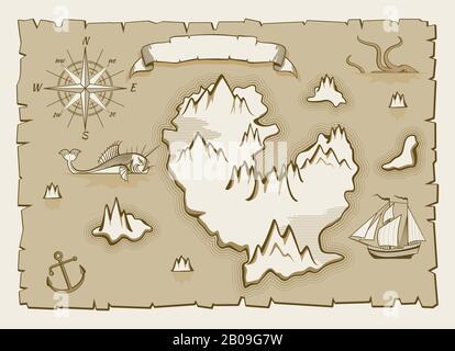 Vintage parchment vector map elements. Illustration of pirate old map Stock Vector
