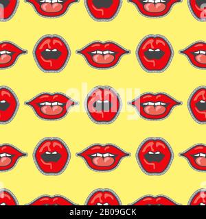 Bright lips patch vector seamless pattern. Cartoon lips girl illustration Stock Vector