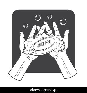 Vector washing hands holding soap. Illustration of wash hand in toilet Stock Vector