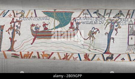 Bayeux Tapestry scene 34:  Messengers sail from England to tell Duke William of Harold's corination. Stock Photo