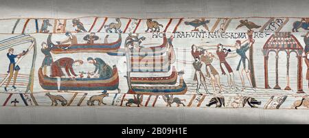 Bayeux Tapestry scene 36: The Normans launch an invasion fleet Stock Photo