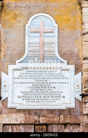 Rome, Italy - Oct 02, 2018: Memorable inscription on the wall of the Colosseum 'Flavian Amphitheater ...' Stock Photo