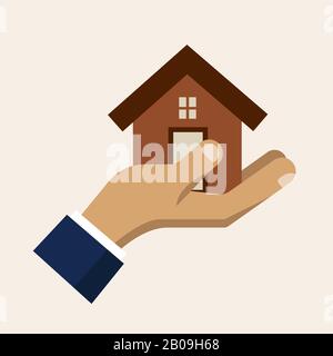 Hand holding a house, insurance service vector icon. Insurance and safety for home illustration Stock Vector