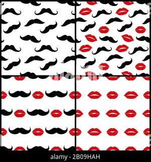 Lips and mustaches vector seamless patterns set. Collection of hipster background illustration Stock Vector