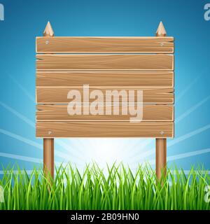 Wooden blank sign board in green grass blue sky. Wood board, vector illustration Stock Vector