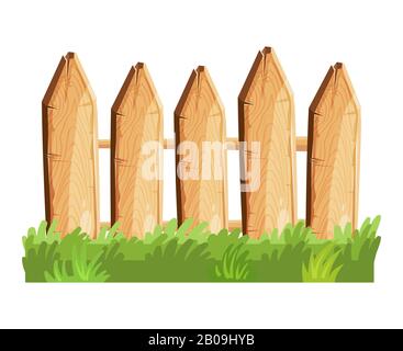 Cartoon rural wooden fence in green grass vector illustration. Wood farm fence outdoor Stock Vector