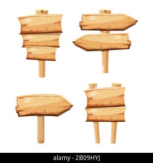 Old wooden blank cartoon sign boards isolated on white vector. Arrows billboard plank illustration Stock Vector