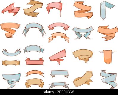 Cute banners, sketched ribbons, tags doodle vector set. Grunge engraving decoration ribbons, etching color curve ribbon label illustration Stock Vector