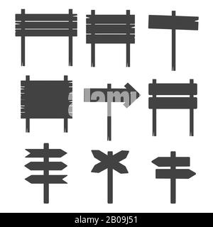 Wooden blank sign boards silhouettes isolated on white vector. Vintage grunge signpost illustration Stock Vector