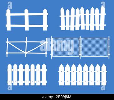 Rural wooden fences, pickets vector. White silhouettes fence for garden illustration Stock Vector
