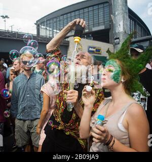 17th demonstration for Lagalization of Cannabis in Berlin. Everything started at 1pm in Zoologischer Garten train station and traveled through Berlin street for two hours. More than 6500 people participated. Stock Photo