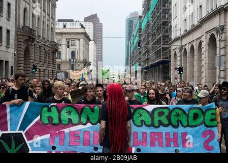 The 17th annual demonstration calling for the legalization of cannabis was held in Berlin. The event began at Zoologischer Garten train station and participants marched through the streets for some two hours. More than 6,500 people participated. Stock Photo