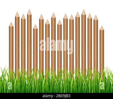 Rural wooden fence, palisade in green grass vector illustration. Garden wood farm fence Stock Vector