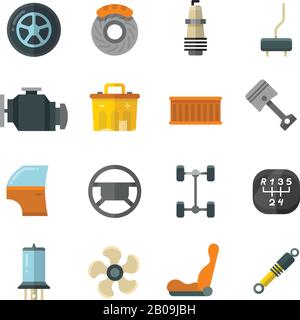 Vehicle auto technology, car parts flat vector icons. Wheel and battery for car, illustration of cars filter and brake Stock Vector