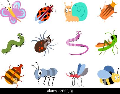 Cute and funny bugs, insects vector collection. Collection of cartoon insects ladybug and butterfly illustration Stock Vector