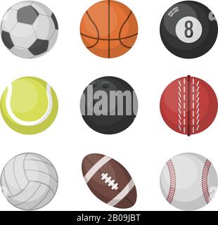 Sports balls vector set. Basketball and soccer, tennis and football, baseball, bowling, golf, volleyball balls. Collection of sport balls illustration Stock Vector